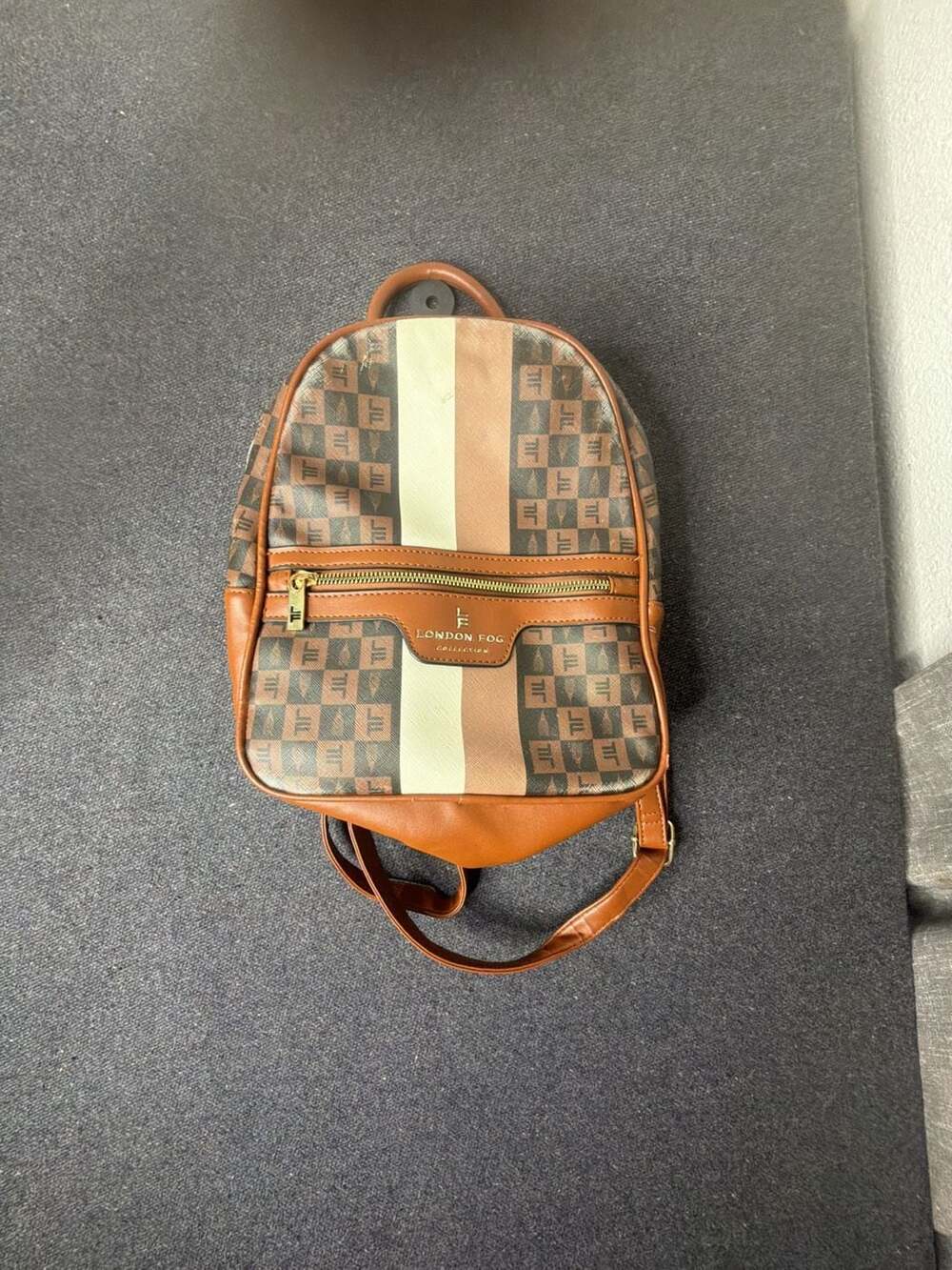 London Fog Hasley Signature Monogram Stripe Backpack Cognac